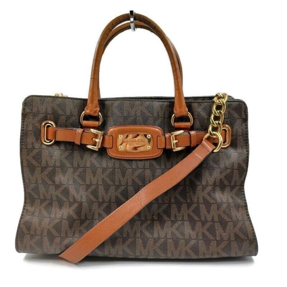 Michael Kors Brown Monogram Satchel with Tan Leather Trim